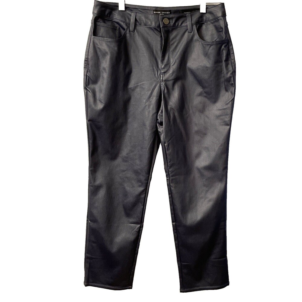 Susan Graver Faux Leather 10 Petite Coated Stretch Woven Ankle Pants Black/Blue